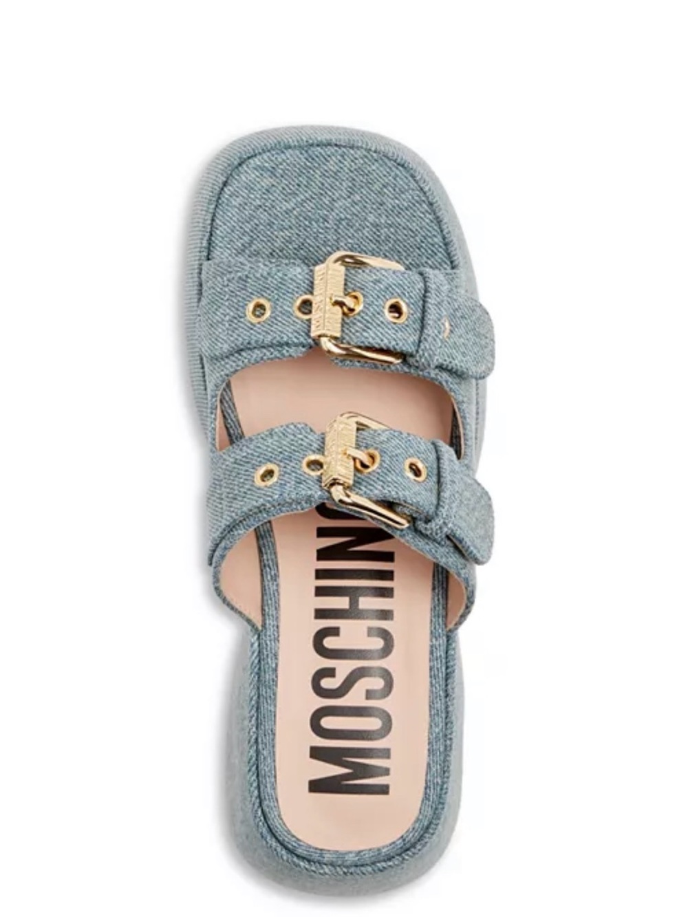 Moschino Blue Denim Double-Buckle Platform Slide Mules with Gold Hardware